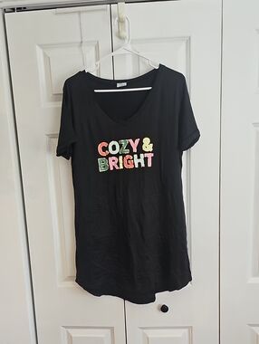Black V-Neck Tee with Colorful 'Cozy & Bright' Graphic